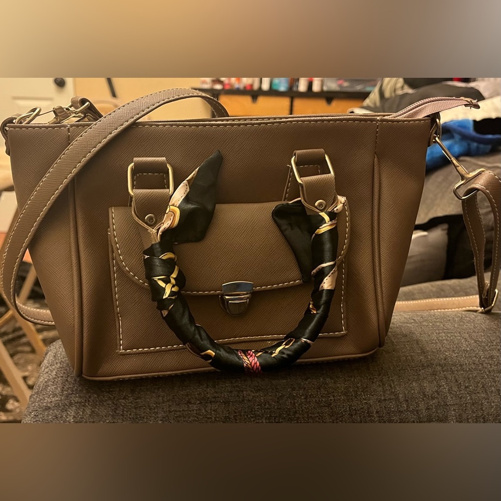 Taupe Handbag with small scarf included on handle